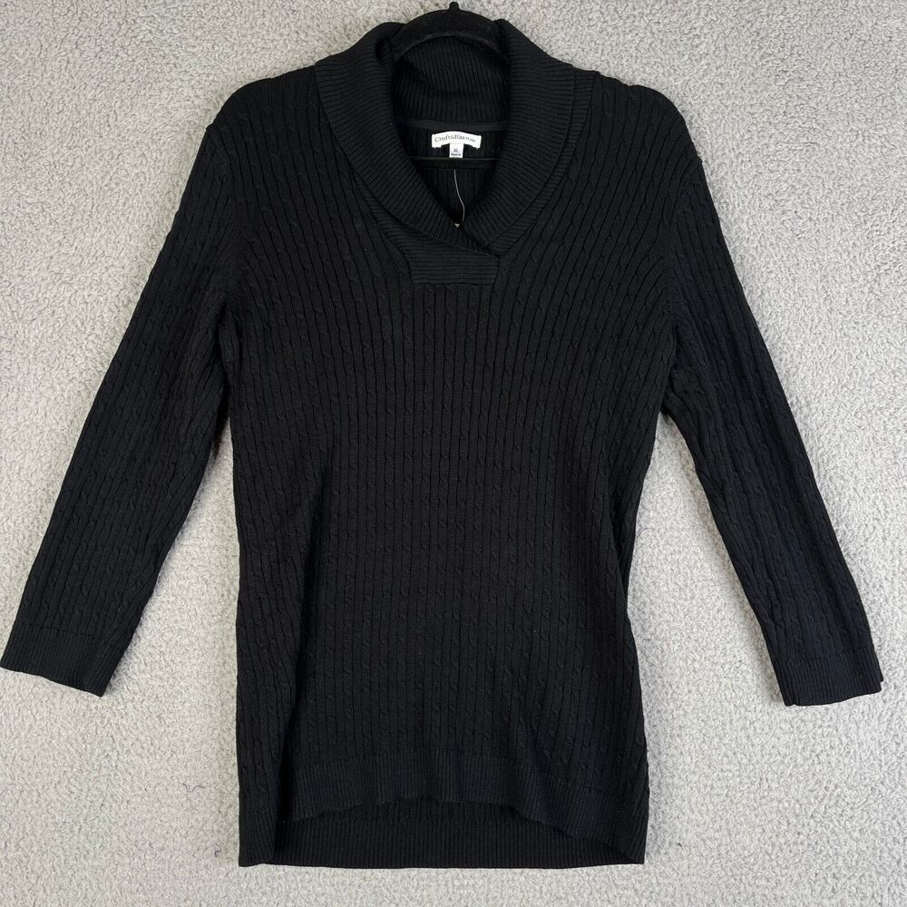 CROFT & BARROW  Sweater Womens XL Black Tie Ribbed Knit Pullover Cotton Blend
